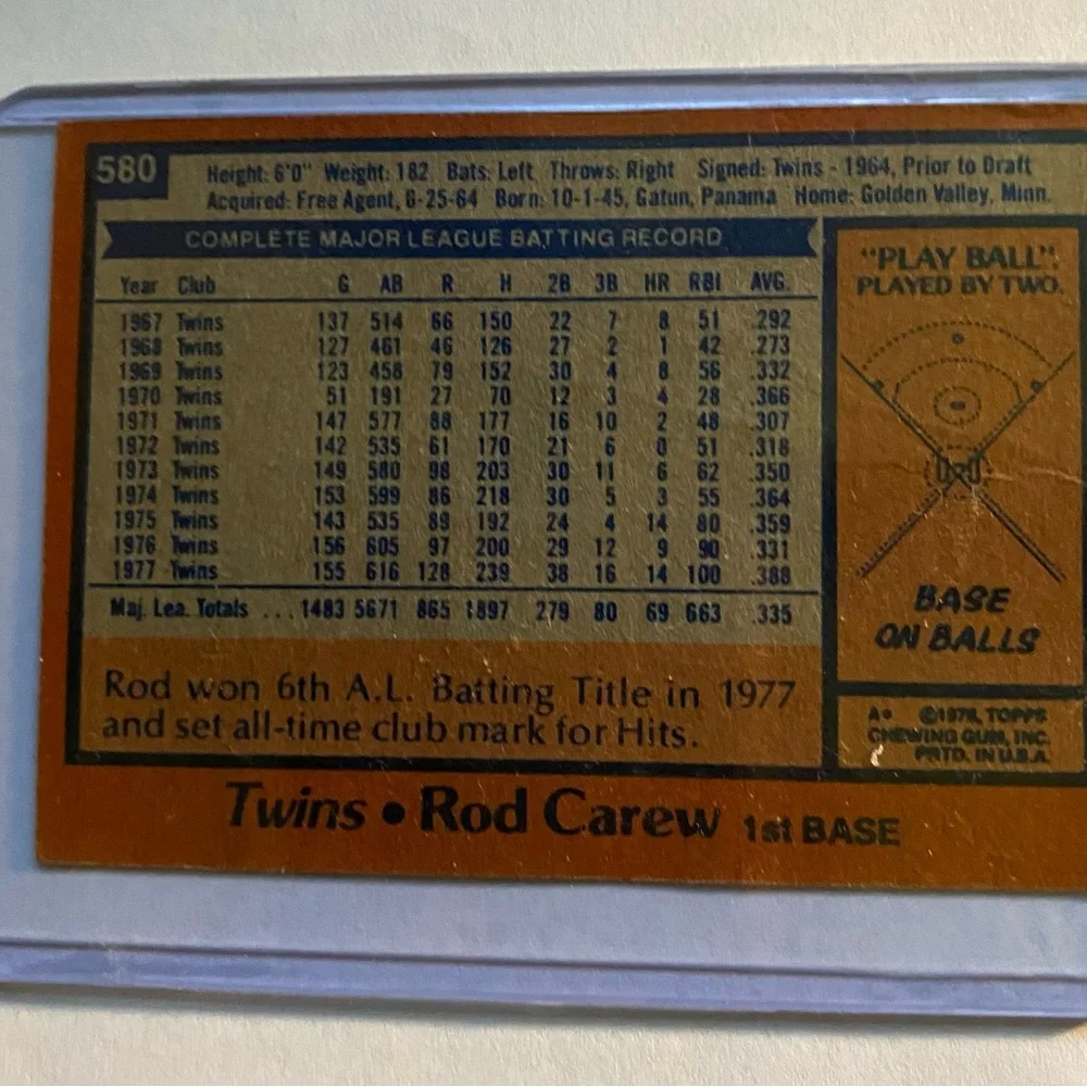 Rod Carew 1978 Topps Baseball card Vintage Collectible